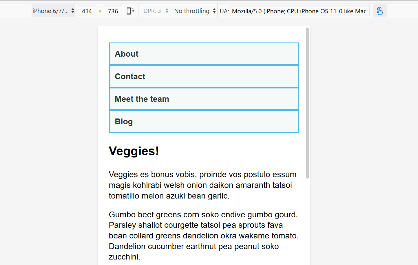 Ein Screenshot eines Layouts in einer mobilen Ansicht in den Firefox DevTools.