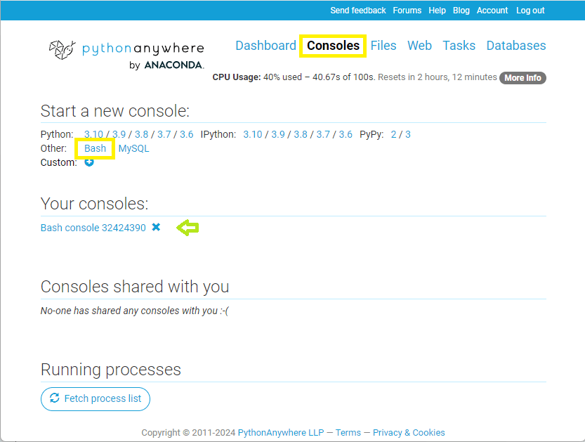 Bildschirmfoto der PythonAnywhere-Konsolensteuerung mit der Option zur Erstellung einer neuen Bash-Konsole