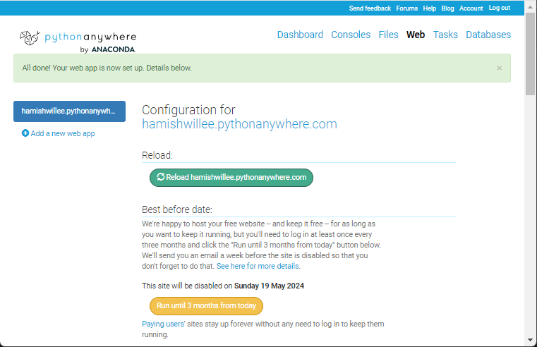 Konfigurierte PythonAnywhere-Webanwendung