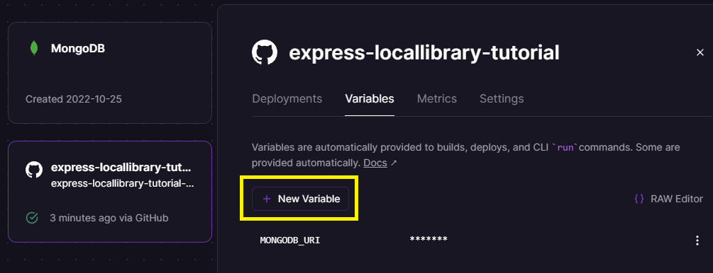 Railway-Variablen-Registerkarte mit hervorgehobener neuer Variable-Schaltfläche