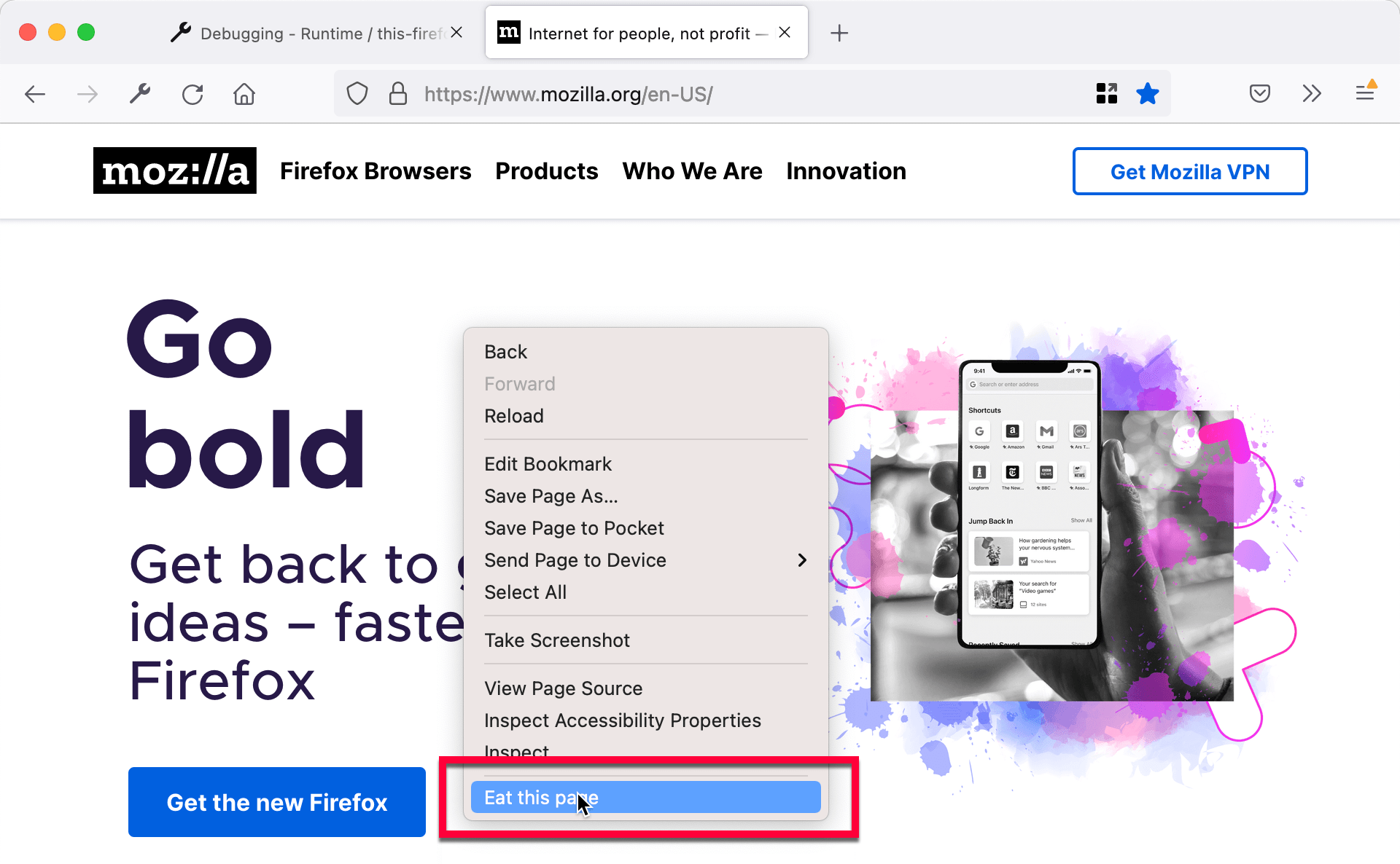 Option, eine Seite im Kontextmenü zu fressen