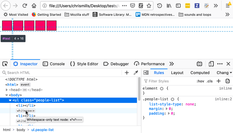 Beispiel für die Anzeige von Leerzeichen zwischen Blöcken im Firefox DevTools HTML-Inspektor