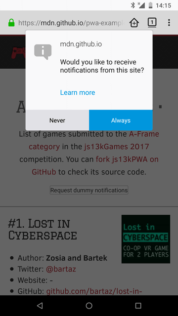 Benachrichtigung der js13kPWA.