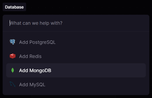 Railway popup showing different databases that can be selected: Postgres, MySQL, MongoDB and so on