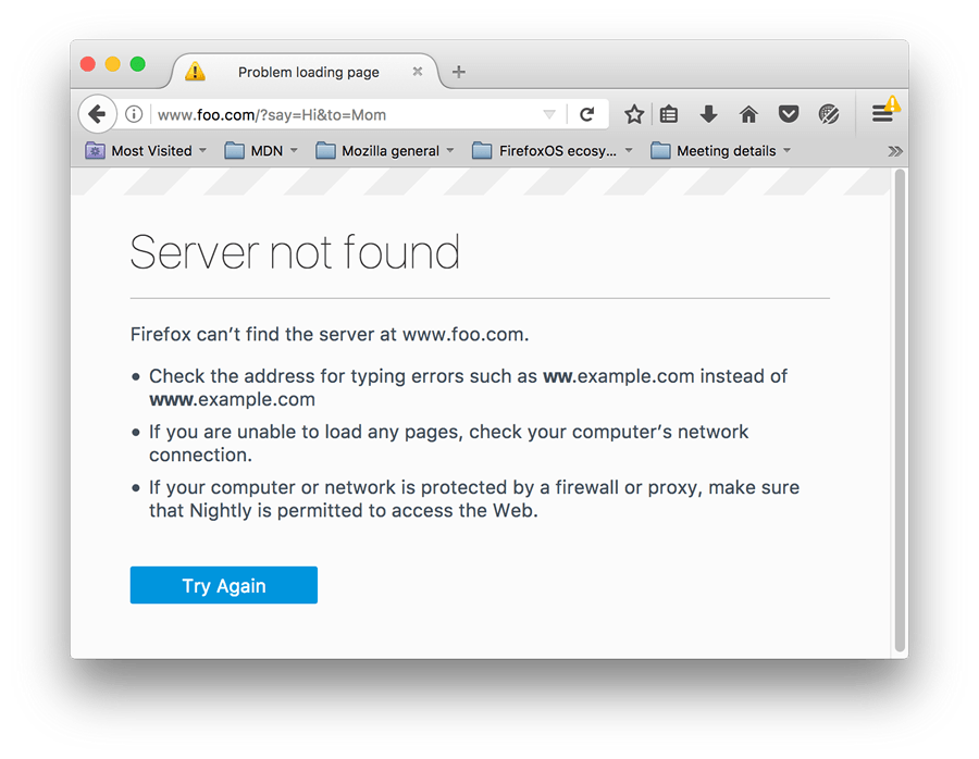 変更された引数付き URL によって GET メソッドでフォームを送信した後の "server not found" のブラウザーエラーページです。