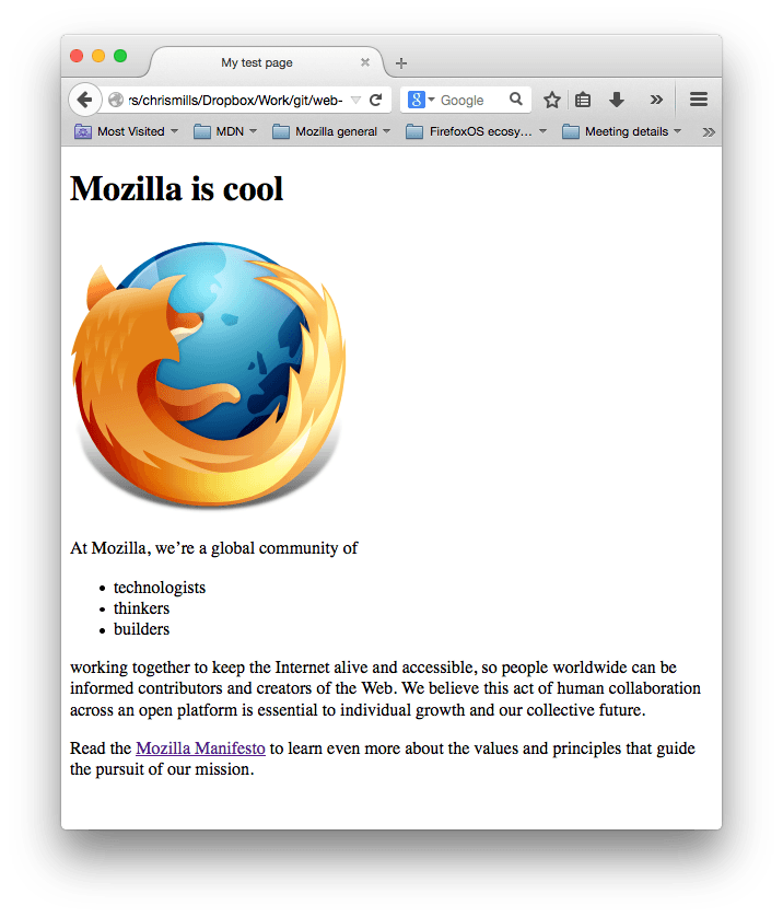 一张网页截图,包含:Firefox 标志,写着“Mozilla is cool”的标题以及两个文本段落