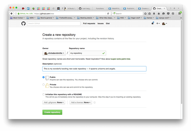 浏览器中打开了新仓库的页面,仓库所有者输入和仓库名称都已填入,可选的描述输入也已填入。公共(public)复选框已选中,私有(private)复选框未选中,使用自述文件(readme)初始化此仓库也已选中。